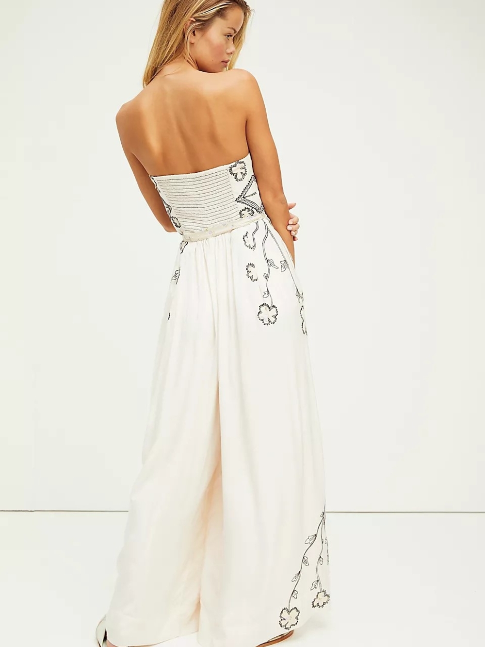 Free People ivory satin "Faintly Graphic" wide-leg strapless jumpsuit - Picture 2 of 7